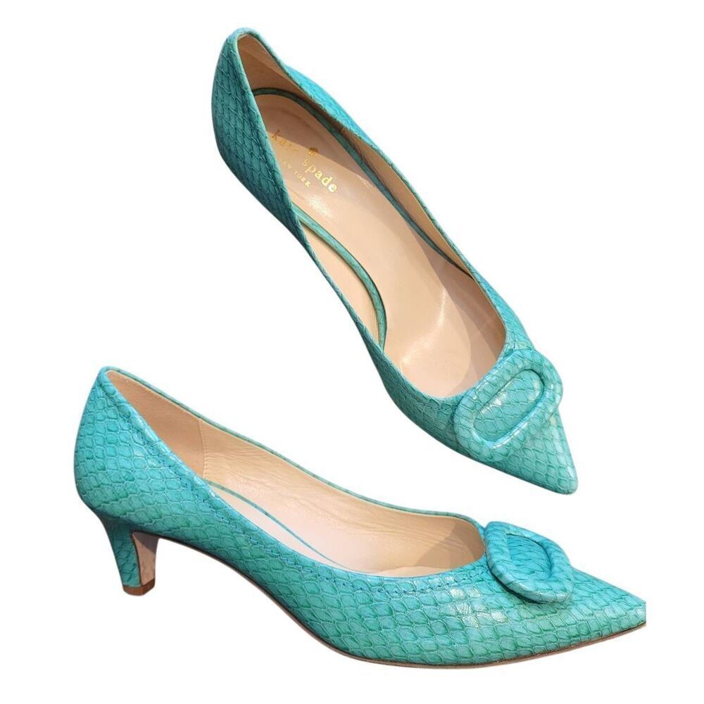 Kate Spade Heels Women's 9.5 Mint Green Snake Leather Kitten Heel Buckle Pumps